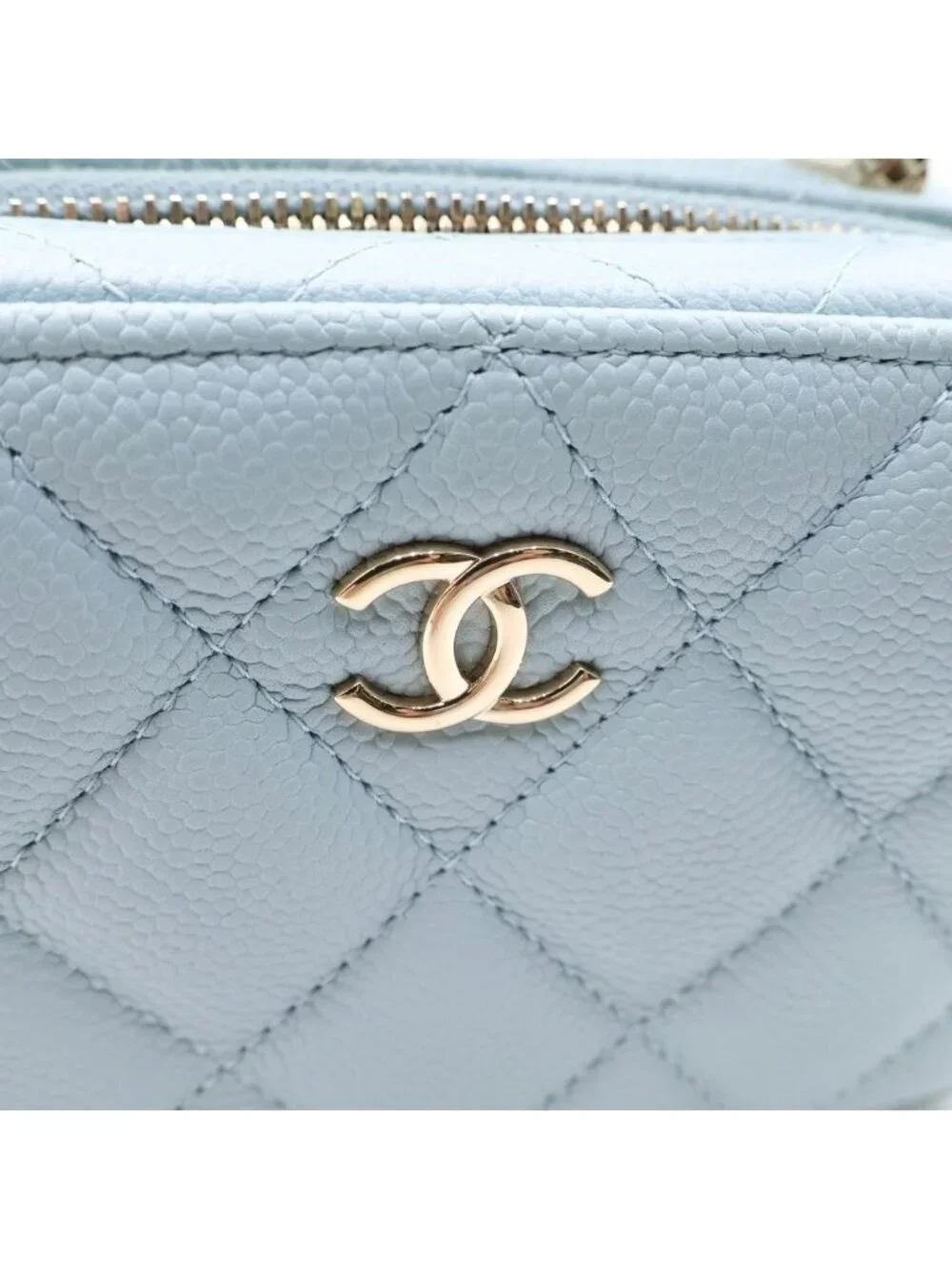 Chanel Quilted Vanity Chain Shoulder Bag Gold Caviar Leather Light Blue